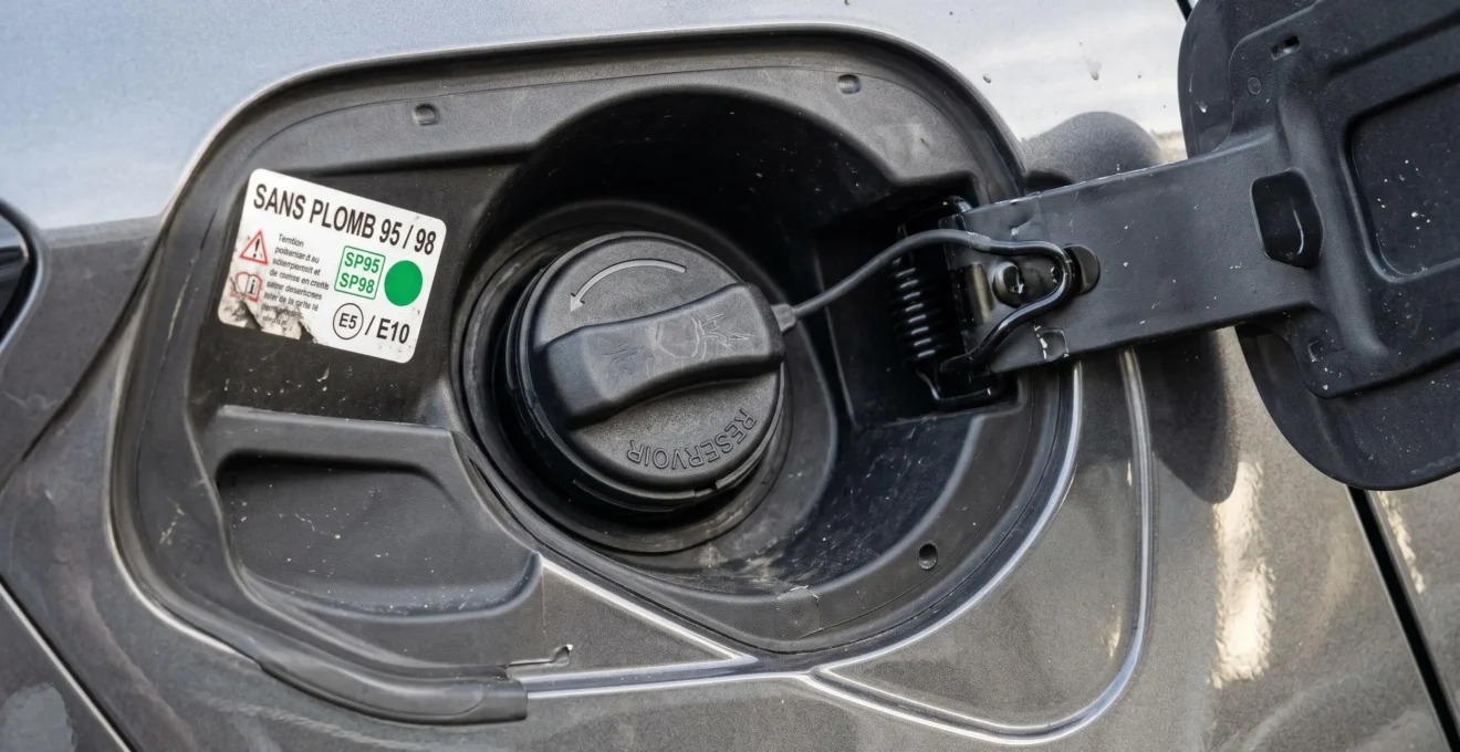 Gros plan sur une trappe à carburant de voiture moderne avec étiquette indiquant le type de carburant compatible, illustrant le choix de motorisation