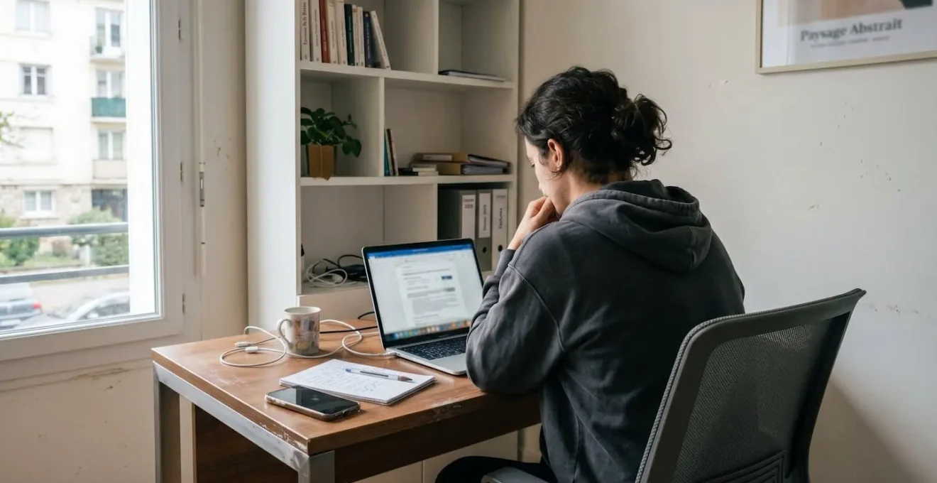 Personne de dos consultant un ordinateur portable à son domicile, dans une démarche de recherche et comparaison de véhicules d'occasion