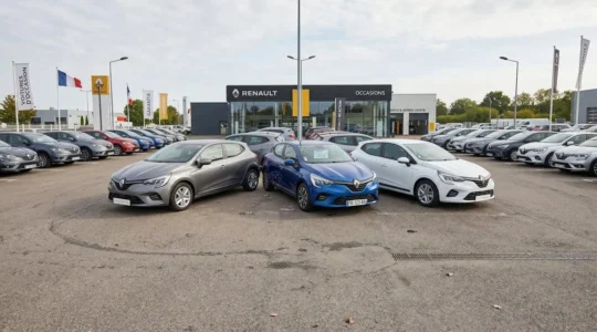Trois Renault Clio 5 d'occasion garées côte à côte sur un parking de concession automobile, illustrant le choix entre différentes versions du modèle